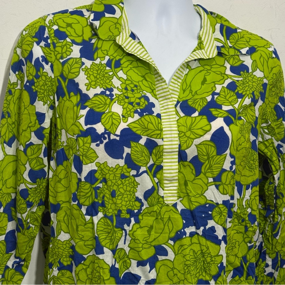 Talbots Floral Print Henley Tunic Top Blouse Size L Green Blue & White Light Wgt - Picture 3 of 11